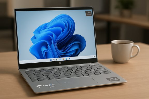 A silver laptop on a wooden desk beside a white mug, displaying a blue abstract wallpaper.