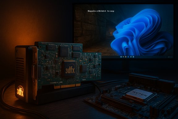 A vintage 3dfx graphics card beside a modern motherboard, illuminated by warm ambient light.