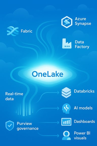 OneLake centralizes real-time data for Fabric, Synapse, Data Factory, Databricks, AI models and dashboards.