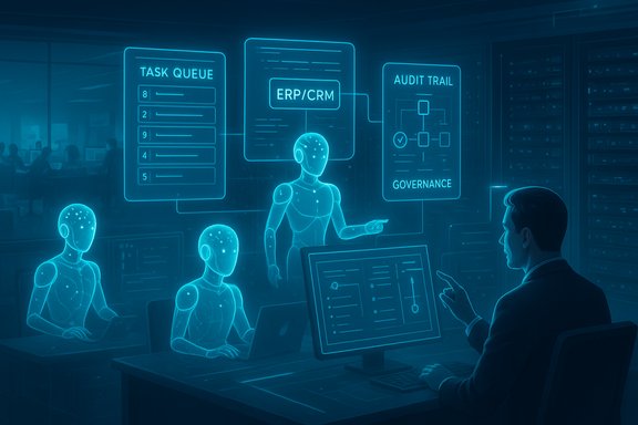 Futuristic control room with holographic dashboards, ERP/CRM data, and AI assistants.