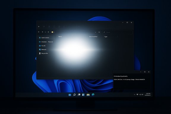 Dark Windows desktop with a large monitor showing File Explorer and a small command prompt.