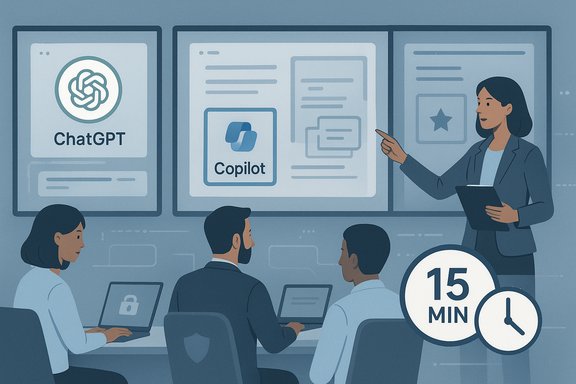 Presenter explains ChatGPT and Copilot to a team during a 15-minute workshop.