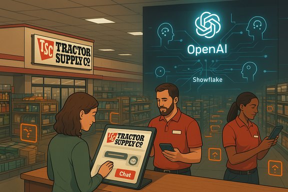 Tractor Supply Co staff interact with a futuristic OpenAI Showflake display in-store.