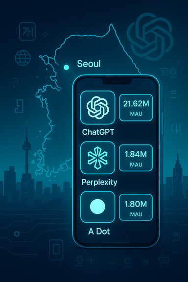 Neon phone screen shows ChatGPT with MAU stats over a glowing map of Seoul.