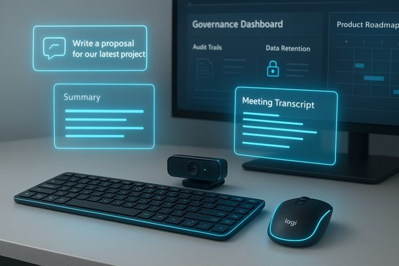 Futuristic desk with glowing holographic notes: Proposal, Summary, and Meeting Transcript.