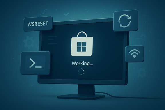 Blue-toned computer monitor showing a Windows Store bag icon with Working... and a loading spinner.