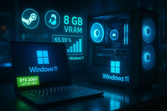 Blue neon Windows 11 gaming setup with a laptop and a PC featuring RTX 4060 GPU.