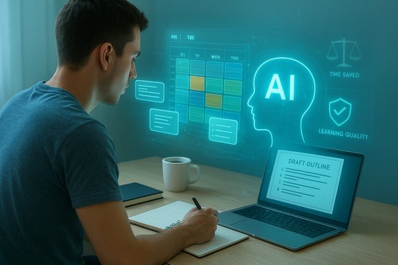 A man writes in a notebook as a holographic AI interface and draft outline appear on the wall.