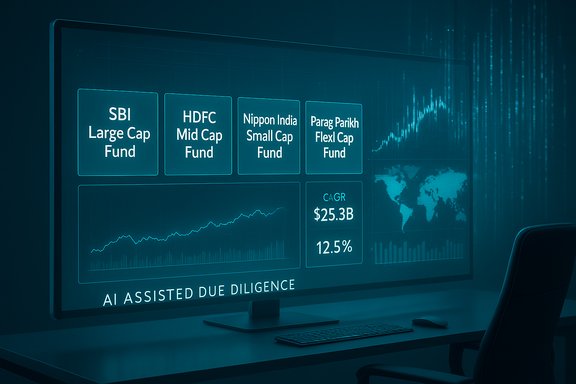 AI-assisted due-diligence dashboard displaying fund tiles and performance charts.