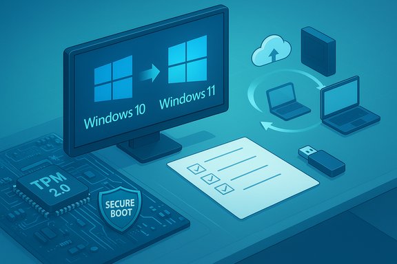 Isometric illustration of upgrading Windows 10 to Windows 11, featuring TPM 2.0 and Secure Boot.
