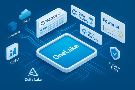 OneLake central hub linking cloud and on-prem data tools like Synapse, Data Factory, and Power BI.