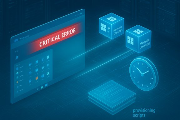 Blue digital scene with a monitor showing CRITICAL ERROR, Windows cubes, a clock, and provisioning scripts.