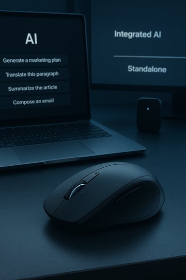 A wireless mouse rests on a desk while a laptop screen shows AI tools and Integrated AI.