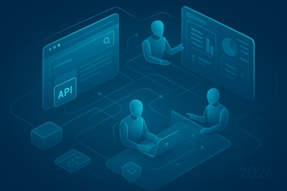 A team collaborates on API-driven dashboards in a futuristic, blue isometric workspace.