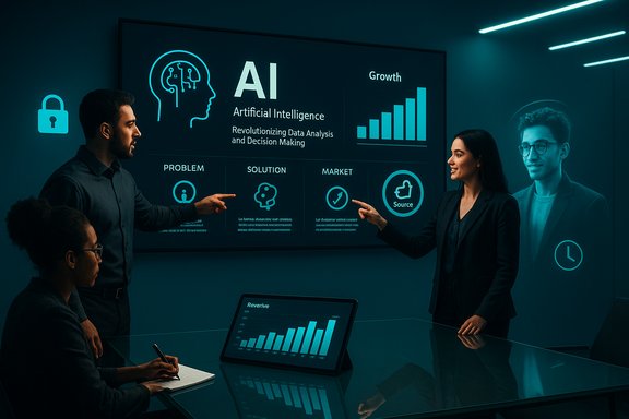 Team members present AI-driven data analysis and growth metrics on a large screen.