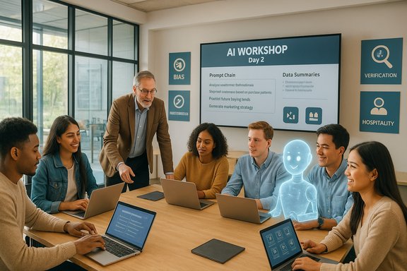 A diverse group attends an AI workshop, with a trainer and a holographic assistant.