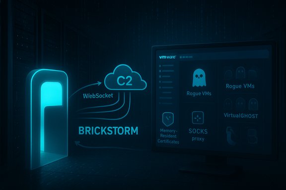 Neon-blue data-center graphic depicting BRICKSTORM C2 cloud linking to rogue VMs.