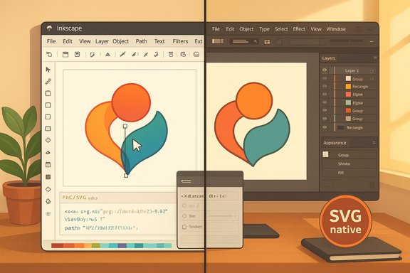 Split-screen workspace showing an SVG logo design in Inkscape on the left and a similar edit in another app on the right.