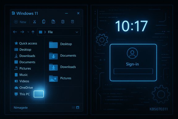 Blue neon Windows 11 File Explorer on the left, with a glowing Sign-in panel on a circuit-like background.