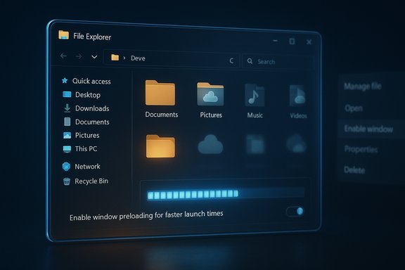 A neon-blue Windows File Explorer window showcasing folder icons and a preload toggle.