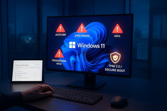 Windows 11 screen with several red warning icons and TPM 2.0 / Secure Boot in a dark workspace.