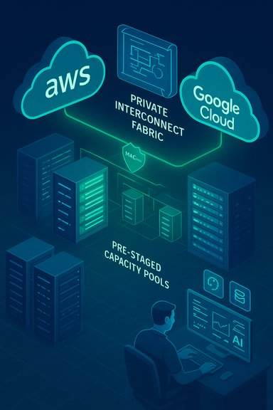 Private interconnect fabric linking AWS and Google Cloud with pre-staged capacity pools.