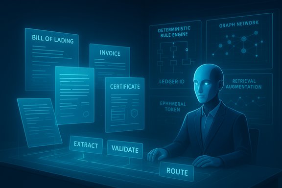 A humanoid AI analyzes and routes documents on holographic screens.