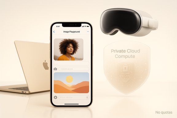 An iPhone, MacBook, VR headset, and a Private Cloud Compute shield showcase private cloud tech.