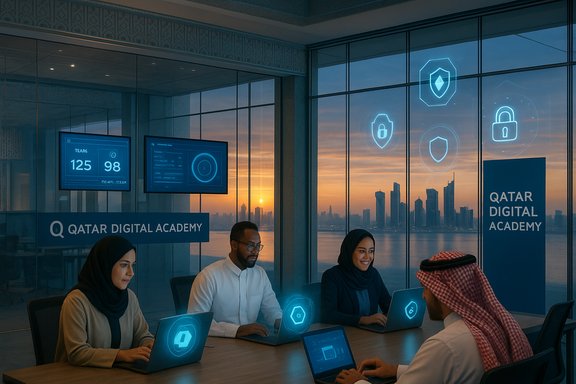 Diverse team at Qatar Digital Academy uses holographic security dashboards.