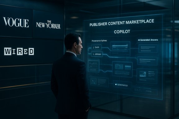 A suited man studies a glowing, futuristic publisher content dashboard.
