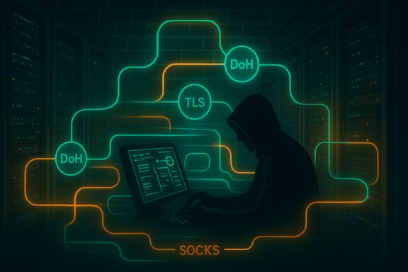 Hooded hacker at a laptop in a neon-lit data center, with DoH, TLS, and SOCKS circuits.