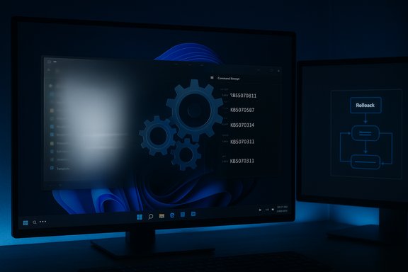 Dark blue tech setup with monitors displaying gear icons and a software dashboard.