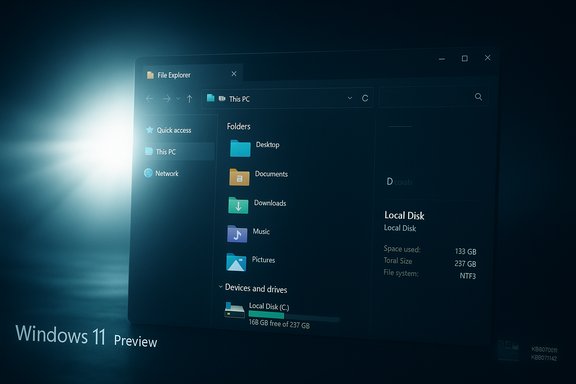 Windows 11 Preview showing a dark File Explorer window on the desktop.