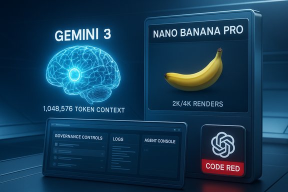 A futuristic control panel glows blue with a Gemini 3 brain hologram and Nano Banana Pro render, plus a Code Red alert.