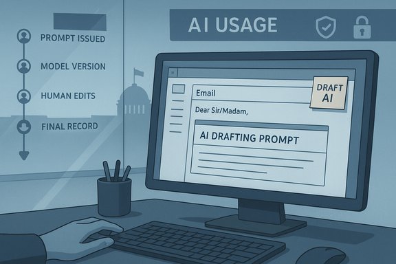 A computer monitor shows an AI drafting prompt labeled 'DRAFT AI,' in a desk setup.
