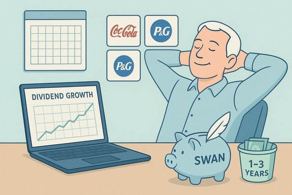 Relaxed investor watches a dividend-growth chart with a SWAN piggy bank beside Coca‑Cola and P&G logos.
