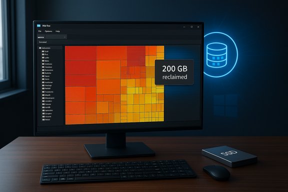 Monitor shows a storage treemap with a 200 GB reclaimed notification.