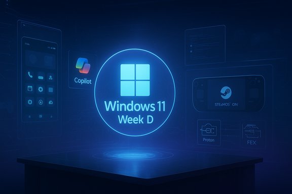 A glowing Windows 11 Week D hologram projected on a blue tech backdrop.