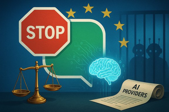 Regulatory scrutiny on AI providers: stop sign, scales of justice, glowing brain, and barred observers.