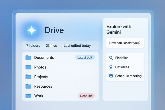 Blue Drive UI mockup showing folders, stats, and a Gemini help panel.