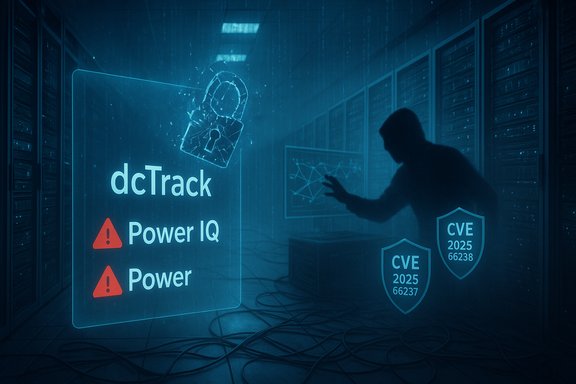 A person in a server room interacts with a holographic dashboard showing dcTrack, Power IQ, and CVE alerts.