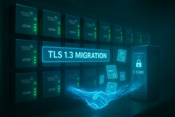 Data center racks housing Johnson Controls iSTAR devices, illuminated by a TLS 1.3 Migration sign.