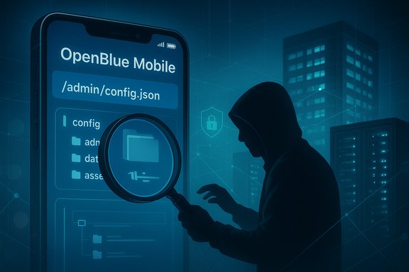 Hooded hacker inspects /admin/config.json on a giant OpenBlue Mobile screen with a magnifying glass.