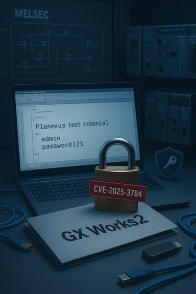 Padlock labeled CVE-2025-3784 rests on GX Works2 docs in a cybersecurity lab.
