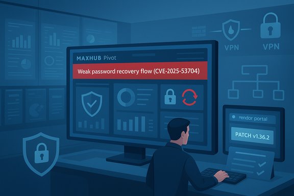 Security analyst reviews a dashboard warning about a weak password recovery flow (CVE-2025-53704).