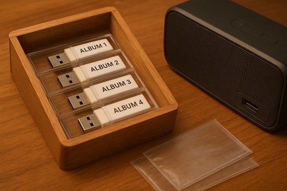 A wooden box holds four USB drives labeled Album 1–4 beside a speaker.
