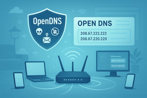 Blue OpenDNS shield with DNS IPs 208.67.222.222 and 208.67.220.220.