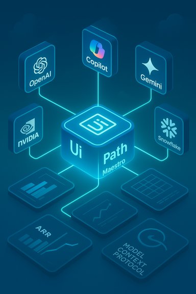 Glowing hub labeled 'UI Path Maestro' links OpenAI, Copilot, Gemini, NVIDIA and Snowflake.