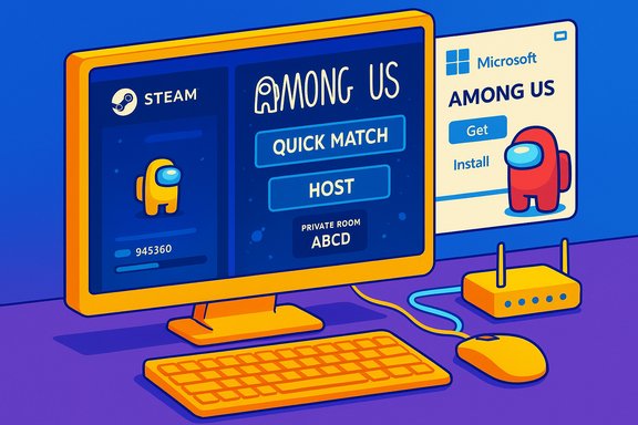 Colorful desk setup with a Steam/Among Us screen and a wall poster for Among Us.