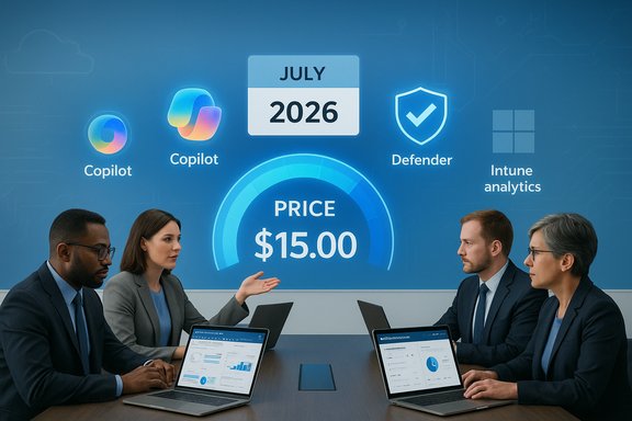 Business team reviews software pricing at $15 and security tools on a blue dashboard.